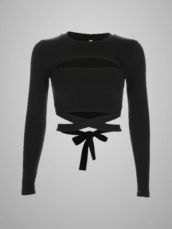 Solid Color Bandaged Crew Collar Long Sleeve Crop Top