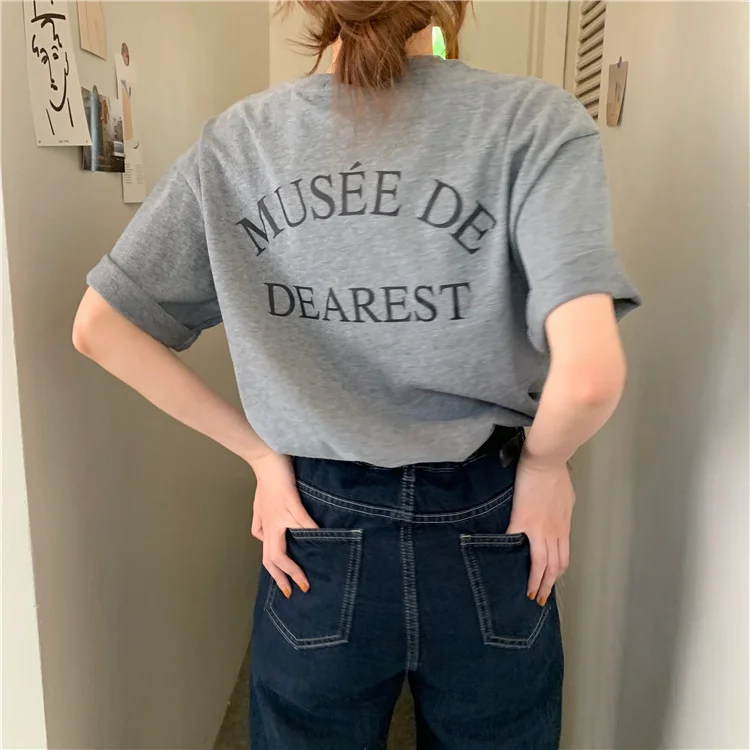 Uveng Uveng New 2024 Korean Version Simple Back Letter Print Short-Sleeved T-Shirt Women's Loose Round Collar With A Bottom Top