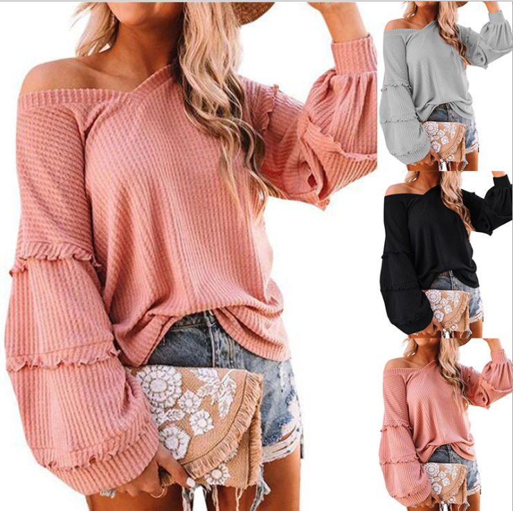 Women's 2021 autumn and winter new style waffle ruffled V-neck loose top