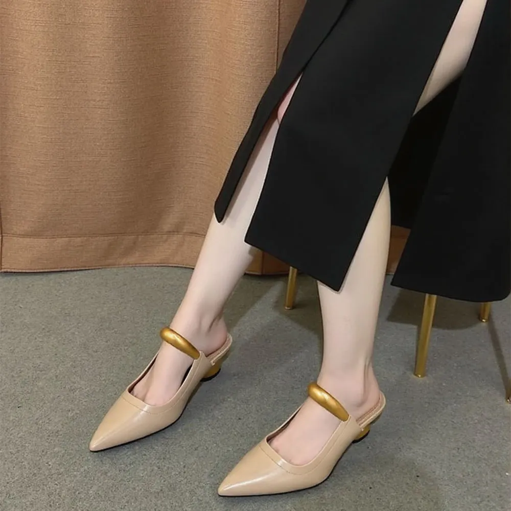 Khaki Vegan Leather Closed Pointed Toe Casual Heeled Mules
