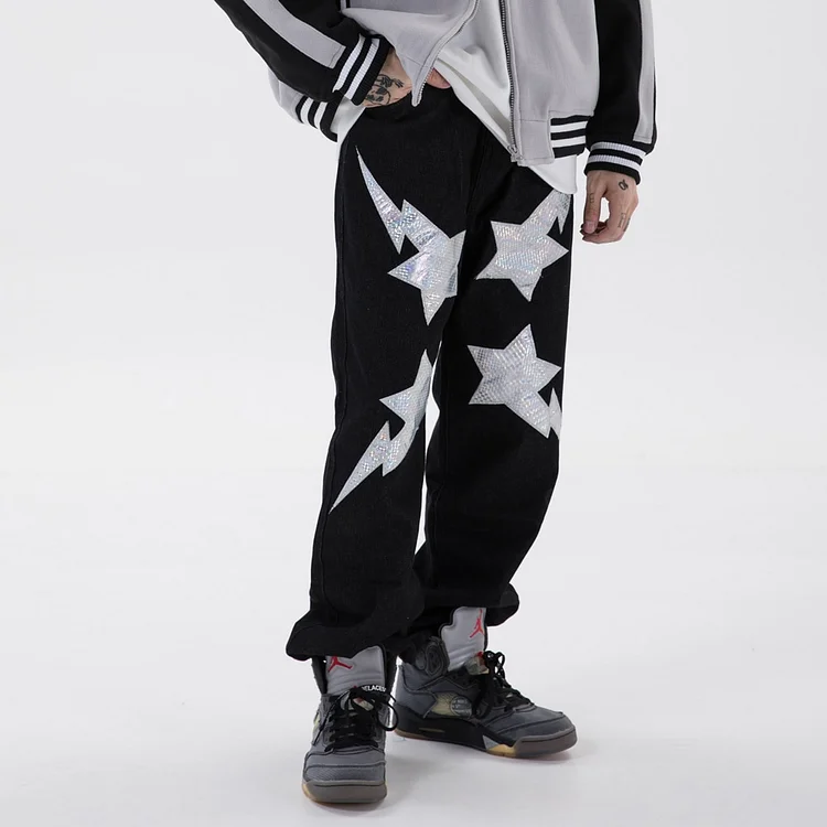 Retro Punk Reflective y2k Men's Streetwear Jeans at Hiphopee