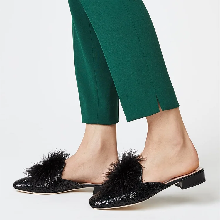 Black Sequin Flats Women's Faux Feather Mule Loafers |FSJ Shoes