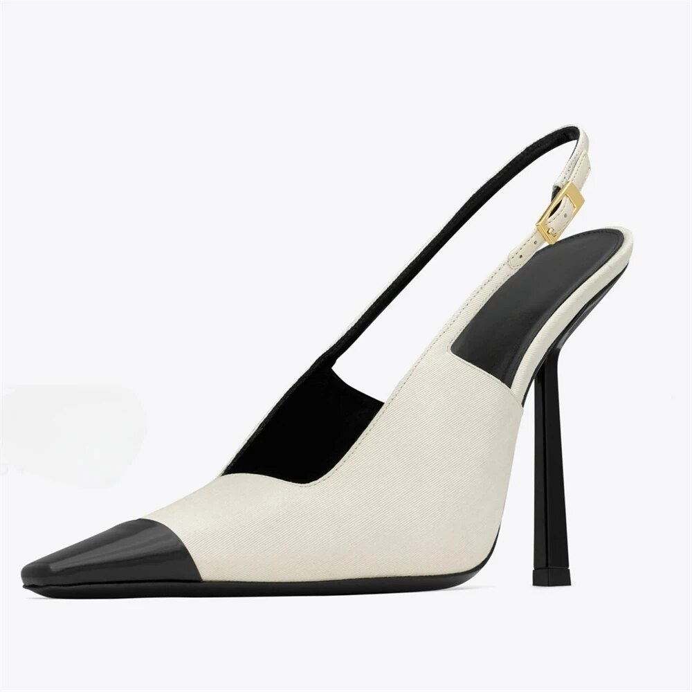 GOOSHOE Women's Patchwork Pointed Toe Buckles Pumps Slim High Heels Slingback Stiletto Dress Shoes Side Cut Out Sandals