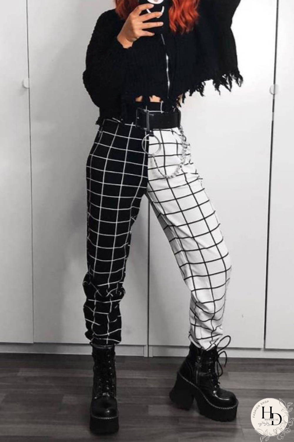 Black And White Street Plaid Basic Without Belt Straight Mid Waist Conventional Bottoms