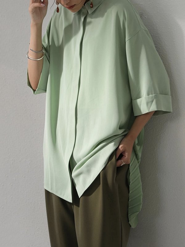 Stylish Solid Color High-Low Pleated Split-Joint Half Sleeves Blouse