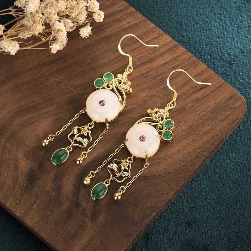 White Jade Chinese Style Tassel Dangle Drop Earrings