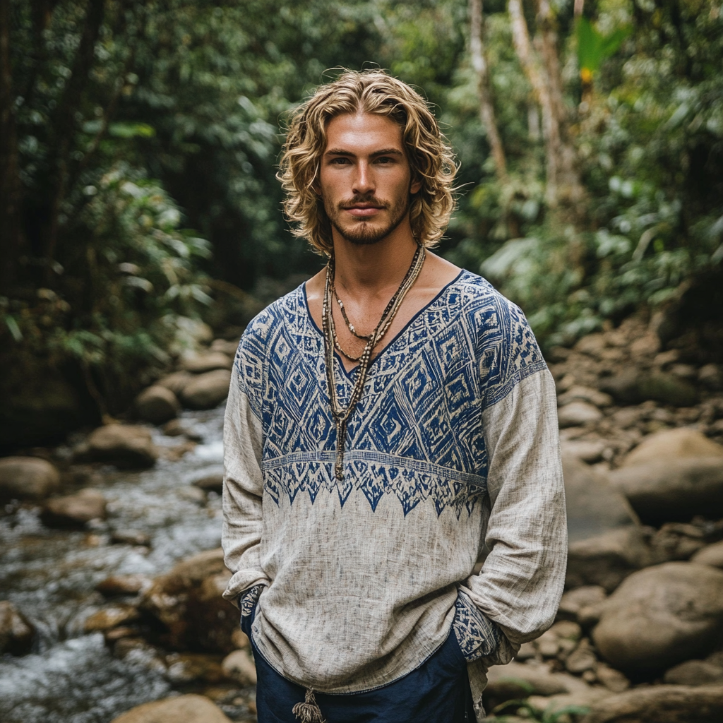 Men's Bohemian Holiday Style Vintage Printed Casual Long Sleeve Top-inspireuse