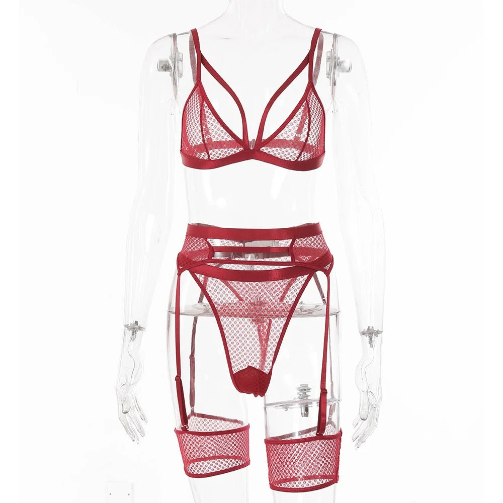 Yimunancy 3-piece Bra Set Women Hallow Out Transparent Bra Set 2020 Ladies Sexy Underwear Lingerie Set