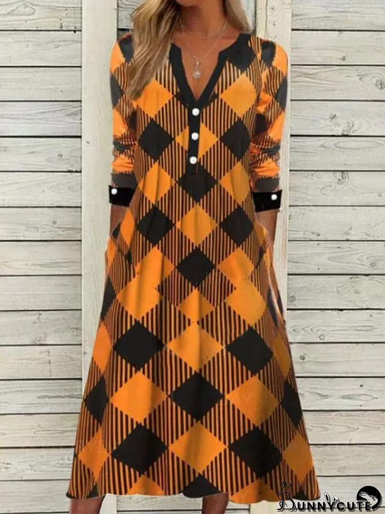 Women's Long Sleeve V-neck Plaid Graphic Midi Dress