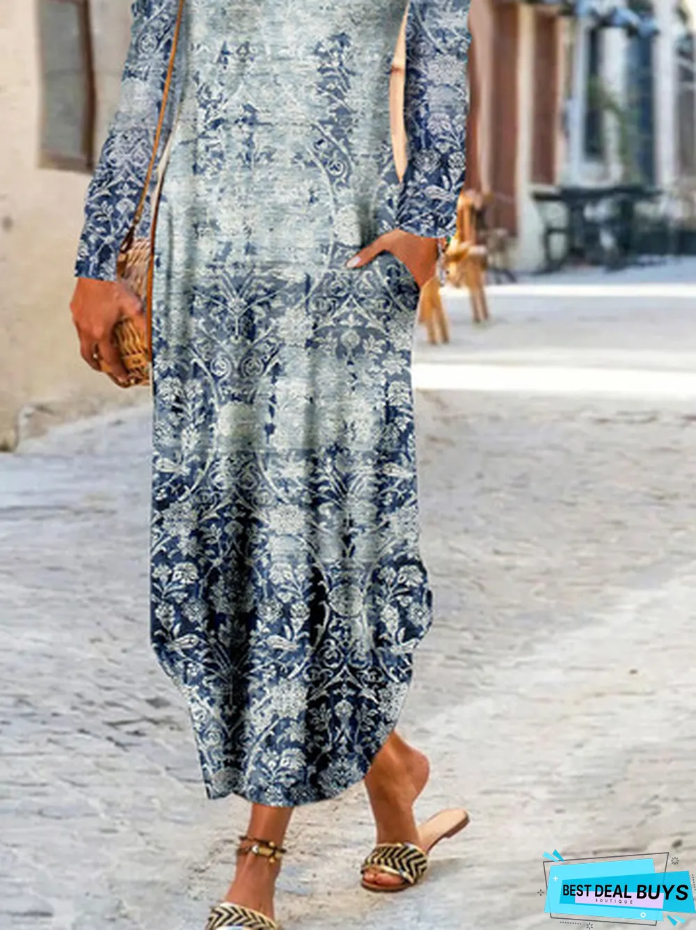 Abstract Geometric Print V-neck Long Sleeve Jersey Long Dress