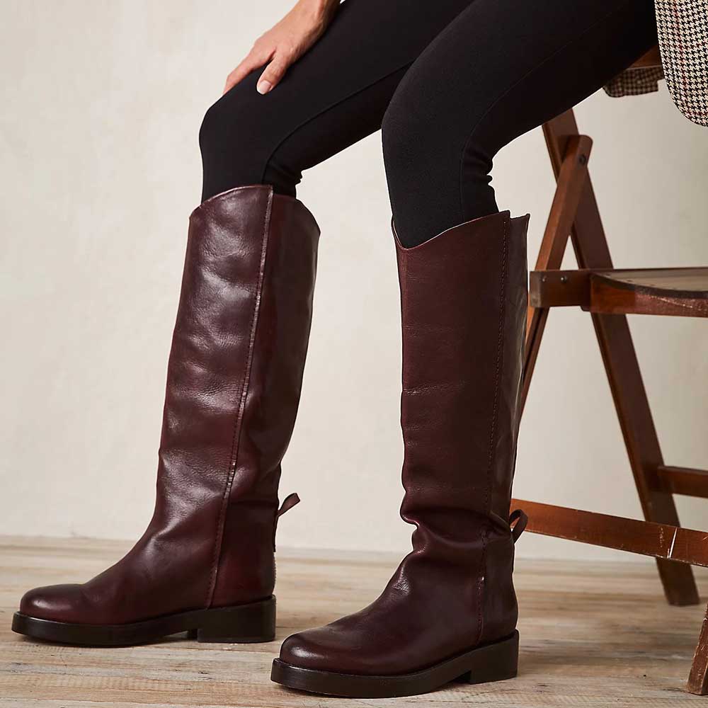 Round Toe Low Heel Pull-On Knee High Boots for Women in Maroon Nicepairs