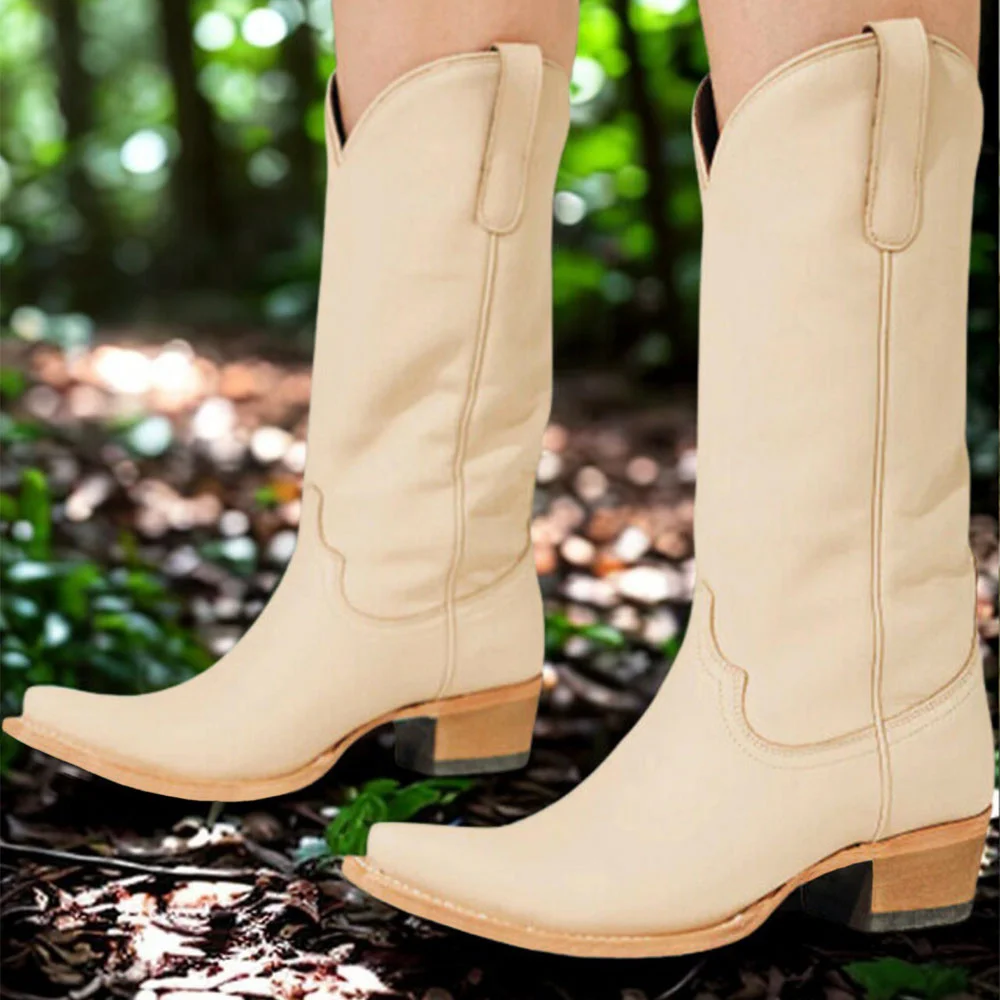 Women's Ivory Faux Leather Snip-Toe Casual Mid-Calf Cowgirl Boots