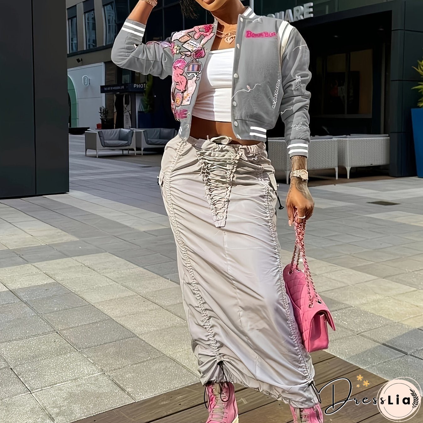 Button Front Bomber Jacket, Streetwear Long Sleeve Jacket For Fall & Winter, Women's Clothing