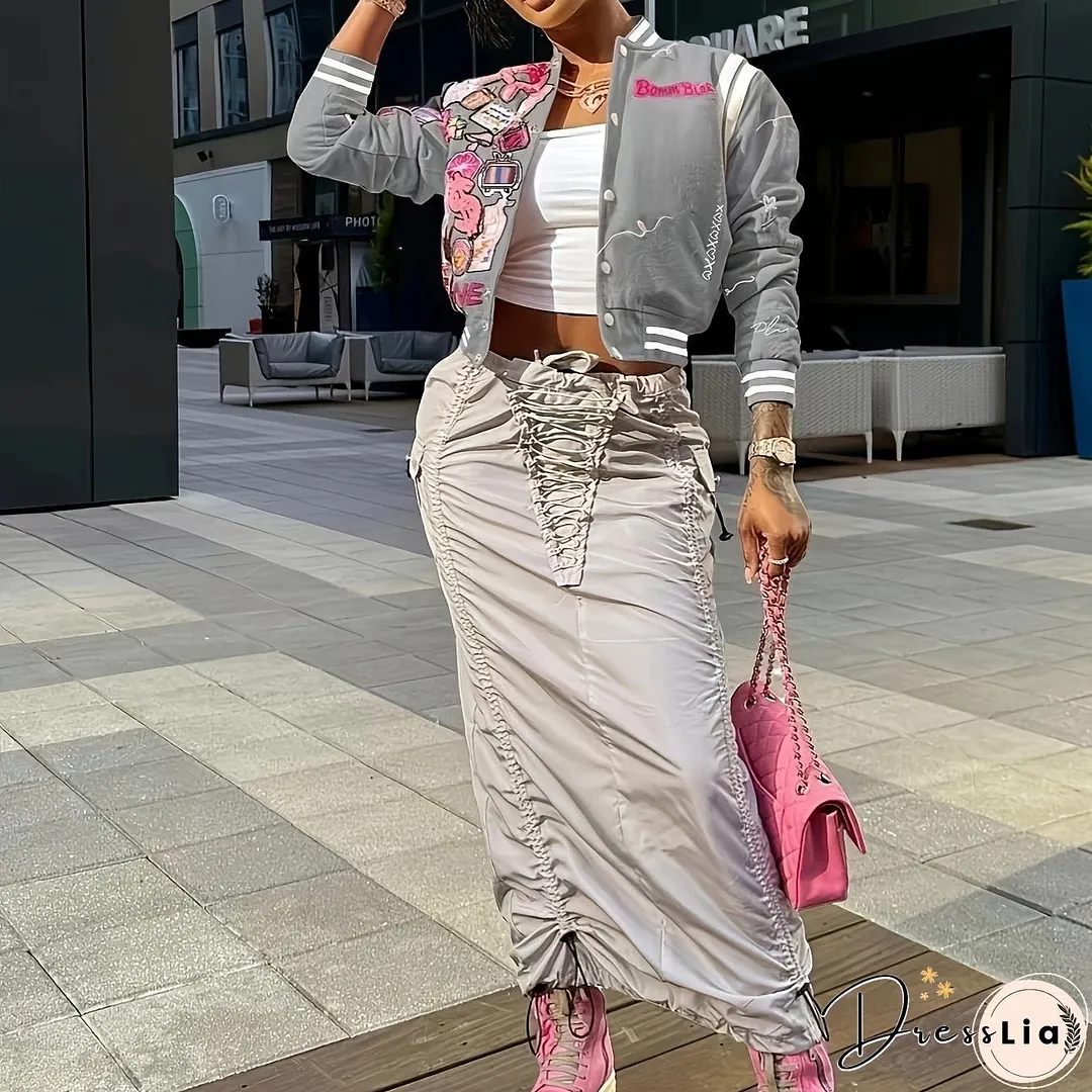 Button Front Bomber Jacket, Streetwear Long Sleeve Jacket For Fall & Winter, Women's Clothing