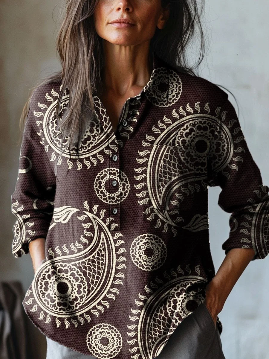 Women's Vintage Paisley Floral Art Print Casual Cotton And Linen Shirt