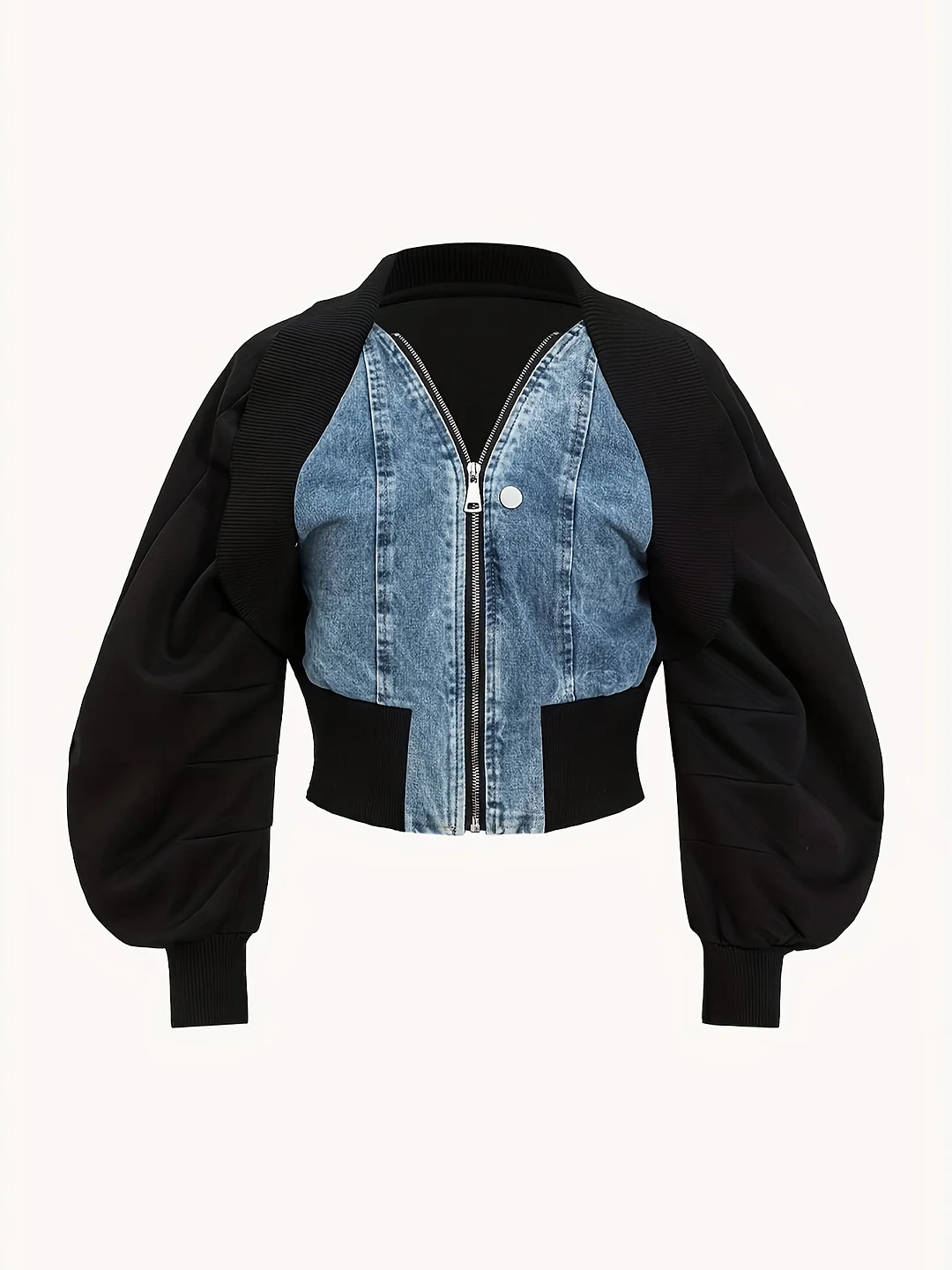 Color Block Casual Women's Denim Jacket - Long Sleeve Zip-Up Crop Top, Rayon & Polyester Blend, Machine Washable | IFYHOME