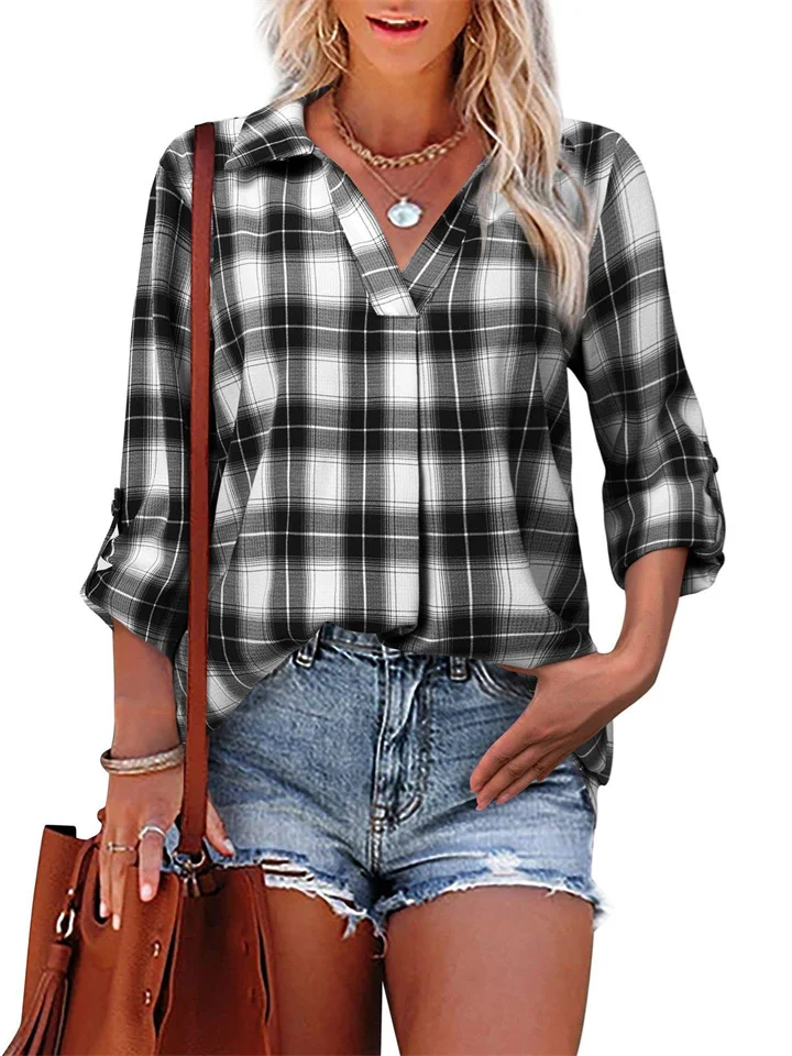 The New Temperament Plaid Collage Collar Long Sleeve V Loose Type Comfortable Casual Women's Shirt Commuter Style-Mixcun