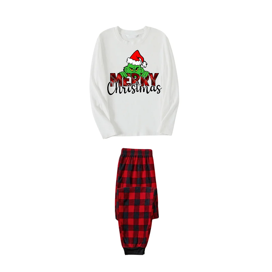 "Merry Christmas" Letter Print 2024 Green Elf Cartoon Pattern Contrast White Long Sleeve with Vintage Black and Red Plaid Pants Family Matching Pajamas