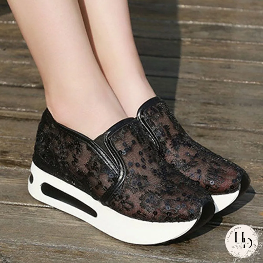 Women Breathable Floral Embroidery Slip-on Muffin Sneakers Shoes