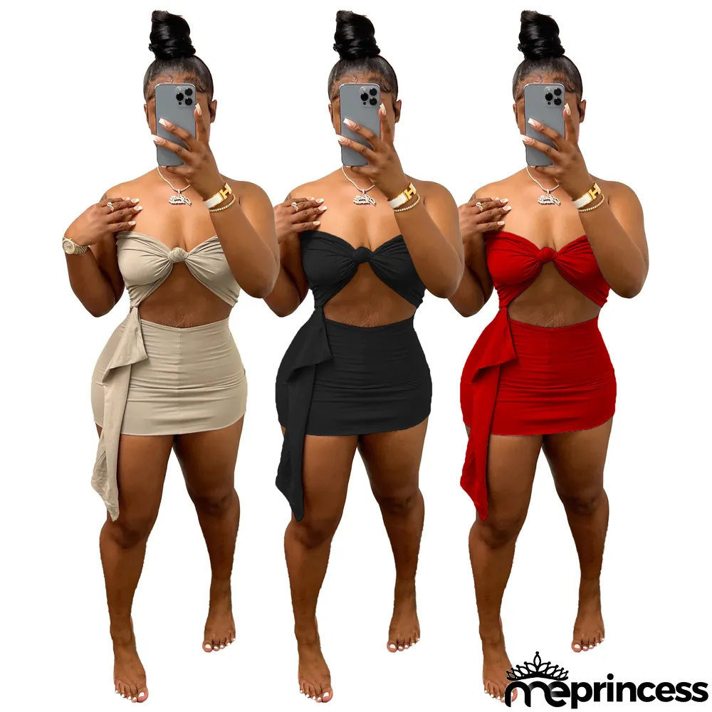 Women's Summer Casual Streamer Solid Strapless Two Piece