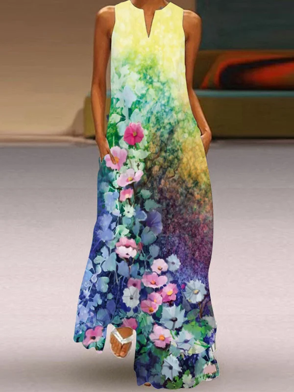 Flower Print Sleeveless Loose Round-Neck Maxi Dresses