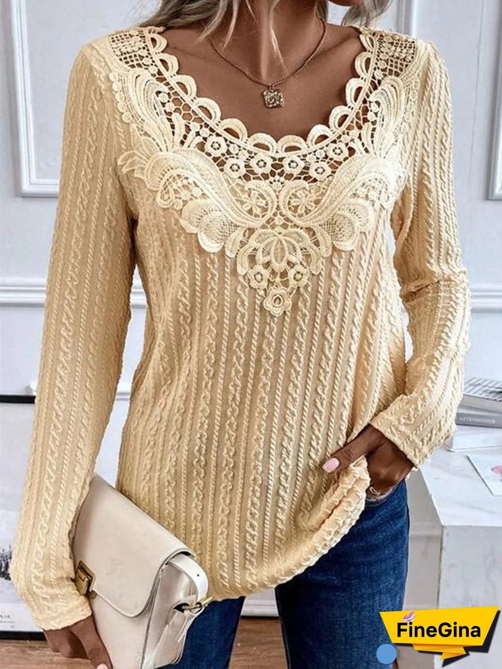 Women Long Sleeve Scoop Neck Solid Lace Tops