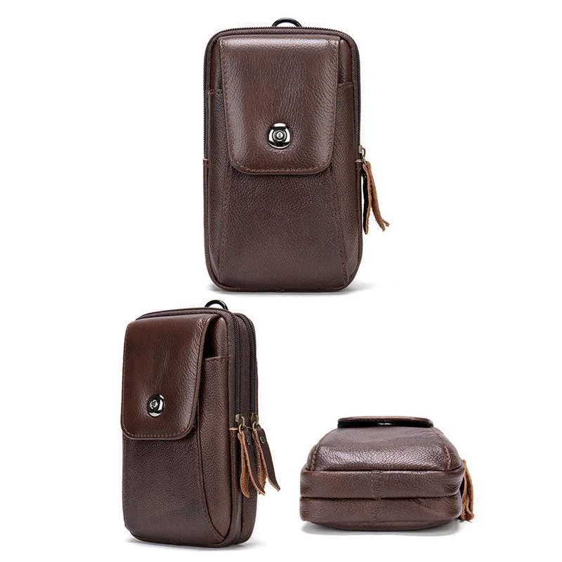 Grain Textured Style Genuine Leather Multiple Compartment Card Slot Magnetic Closure Belt Bag