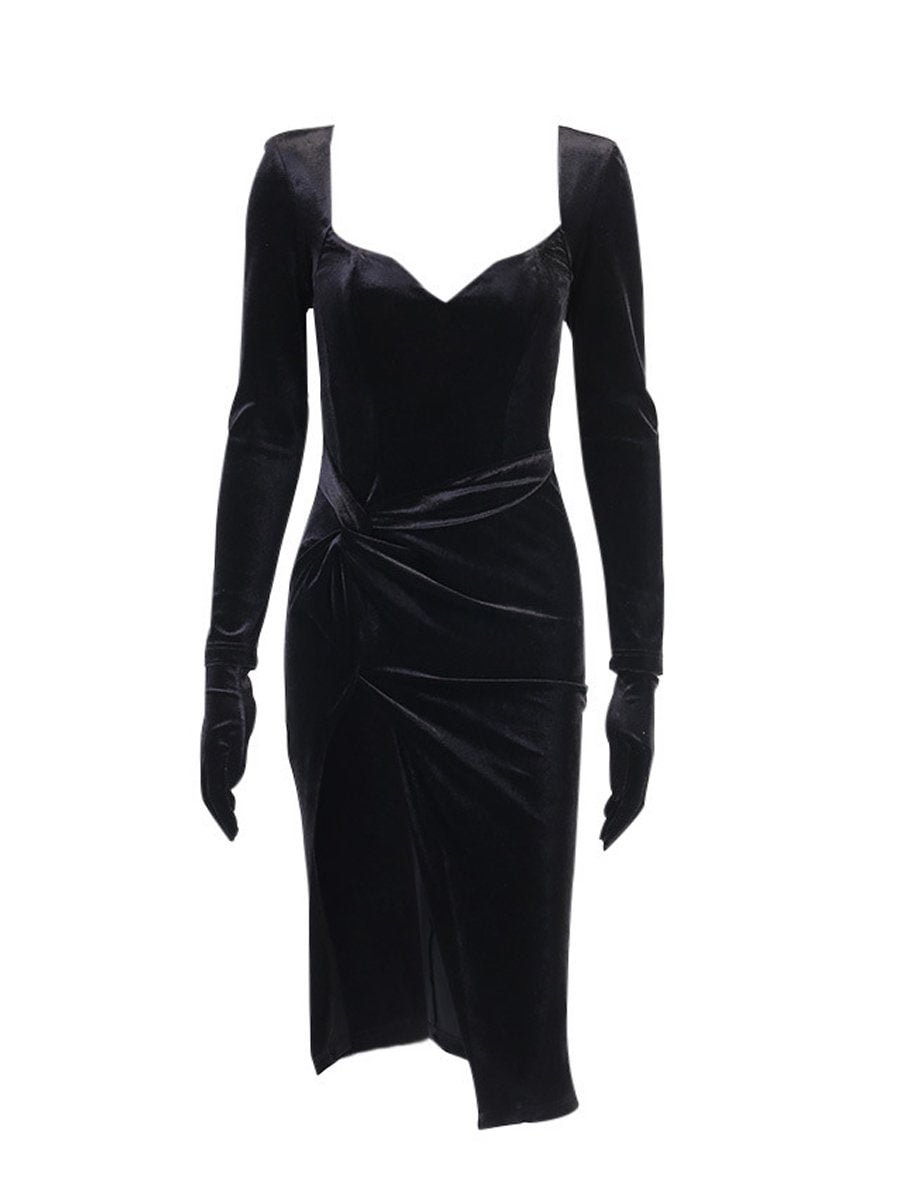Women's Maxi Dress V-neck Twist Long Sleeve Slit Bodycon Dresses