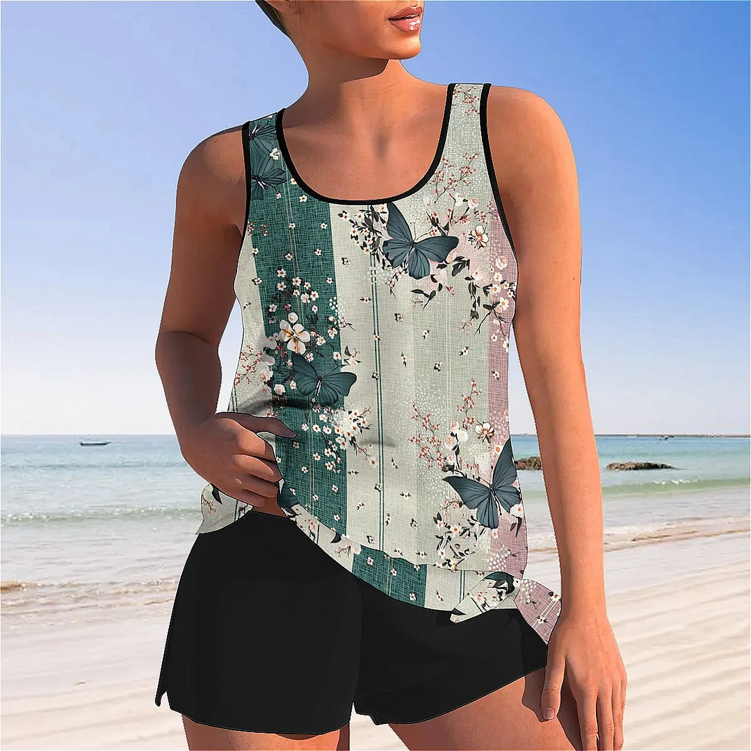 Bowknot Floral,Pink,Green,Stitch Mid Waisted Tankini Set - Plus Size Available