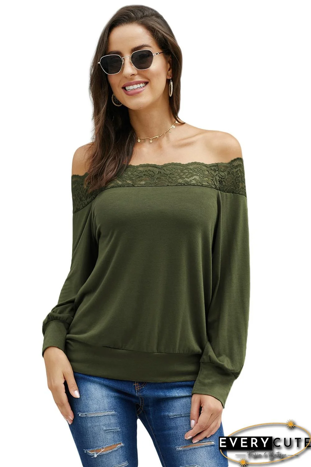 Green Lace Detail Boatneck Pullover Blouse