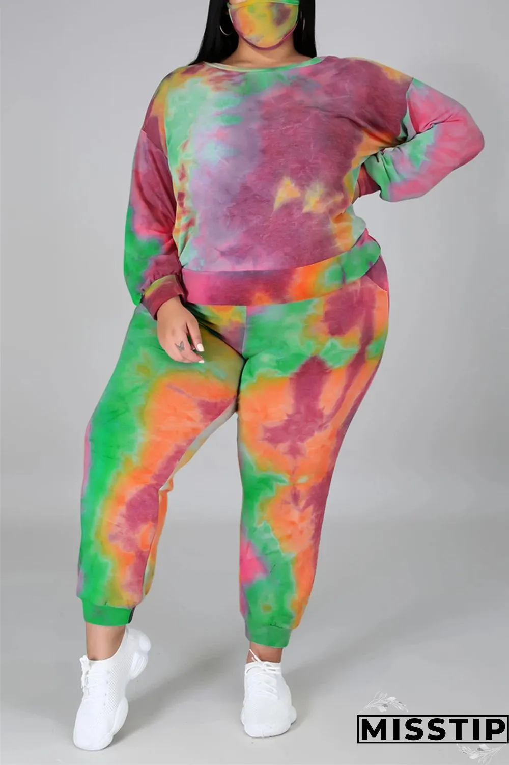 multicolor Fashion Casual Print Tie Dye Tie-dye Backless O Neck Plus Size Set