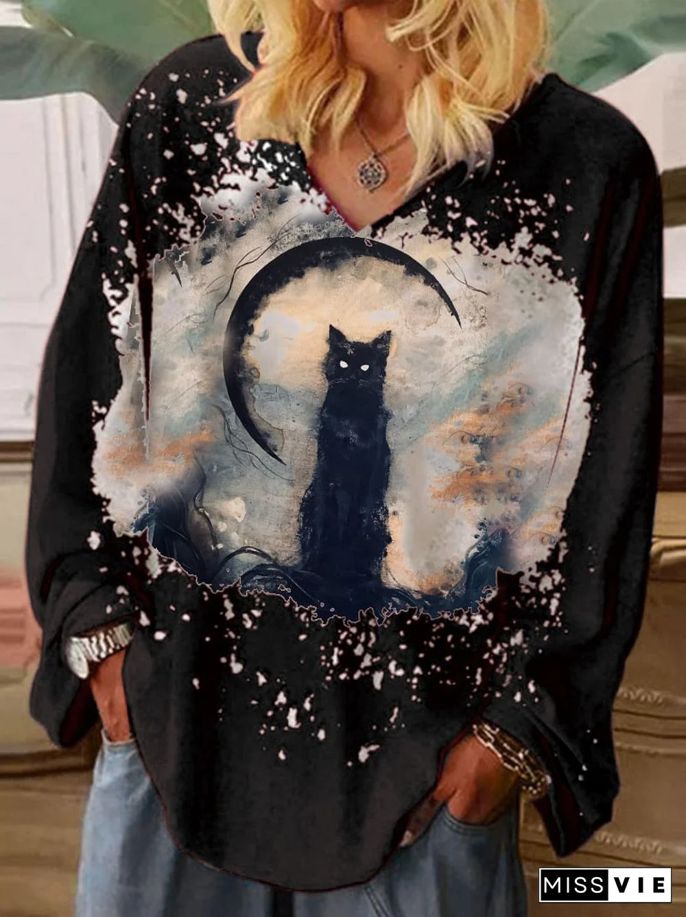 Fashionable Halloween Art Cat Print Blouse