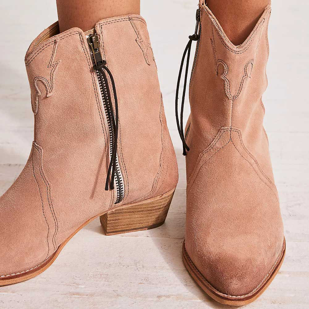 Pink Vegan Suede Zip Booties Stacked Heel Western Boots for Women