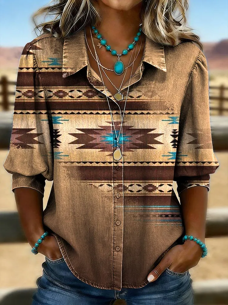 Women's Aztec Print Casual Puff Sleeve Denim Shirt