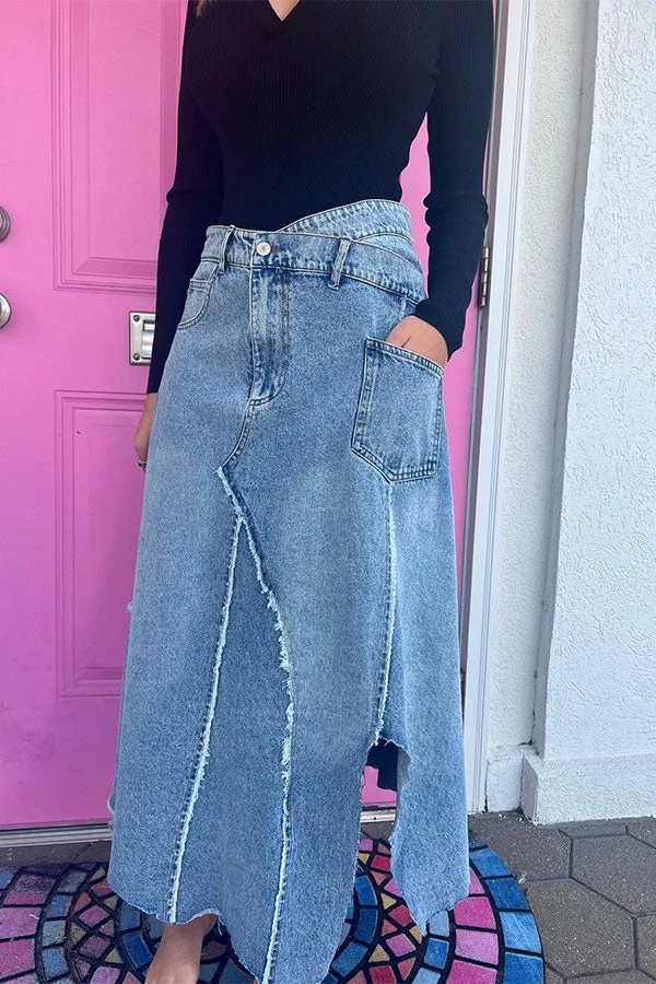 Washed Denim High Waist Urban Asymmetric Skirt