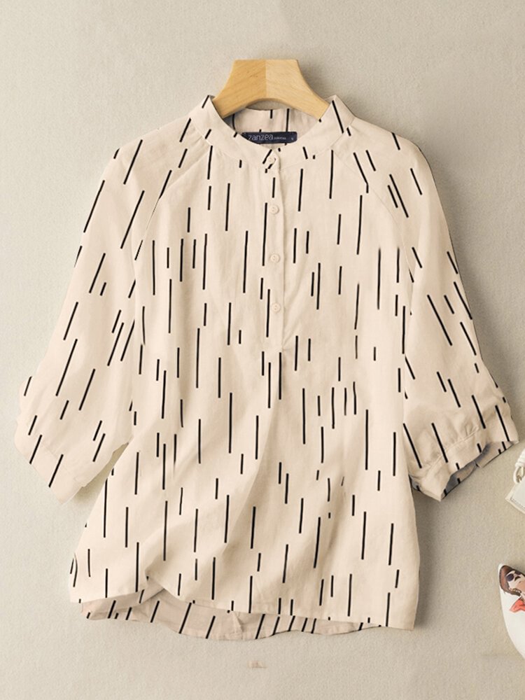 Stripe Button Stand Collar Casual Blouse