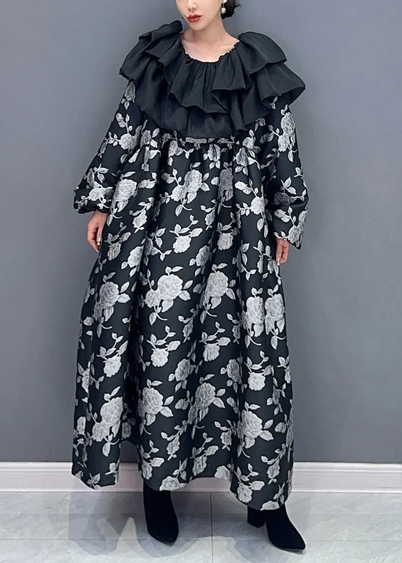 Beautiful Black Ruffled Print Patchwork Cotton Long Dress Fall