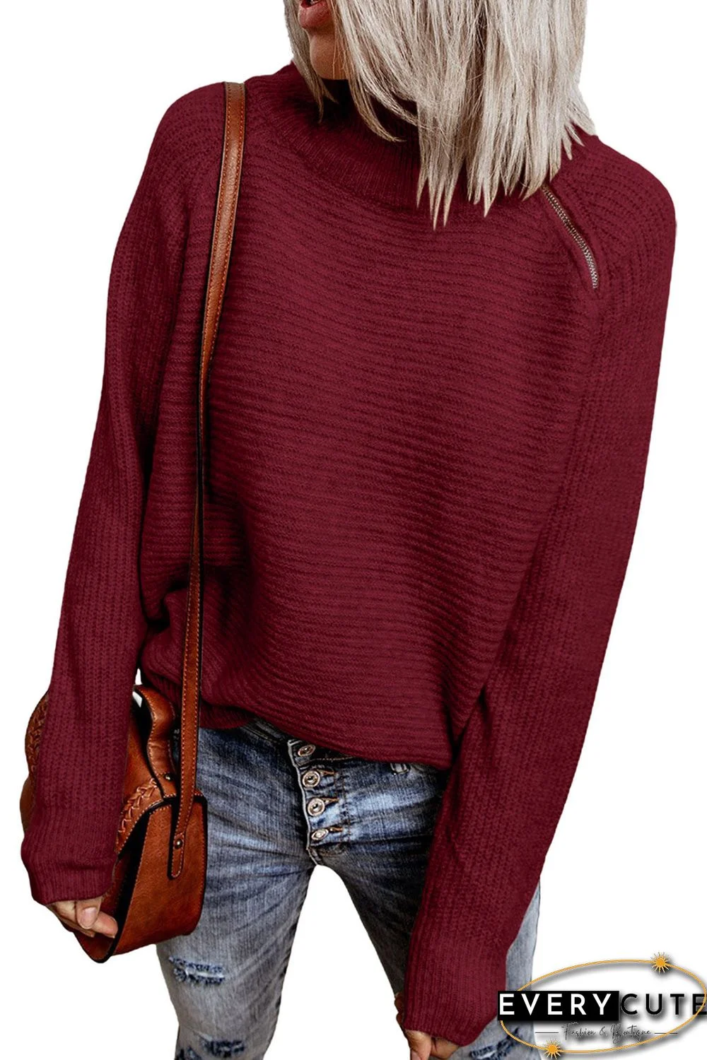 Red Zip Knitted High Neck Sweater