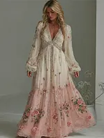 Women's Vintage Pink Floral Embroidery Gradient Art Linen Blend V-neck Dress