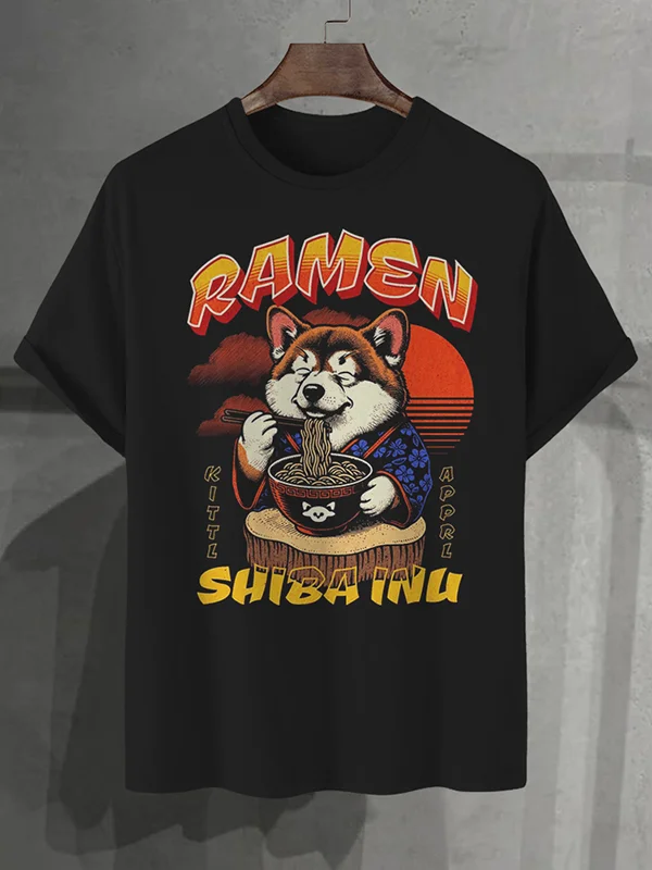Men's Japanese Shiba Inu Eating Ramen Art Print Cotton Casual T-Shirt