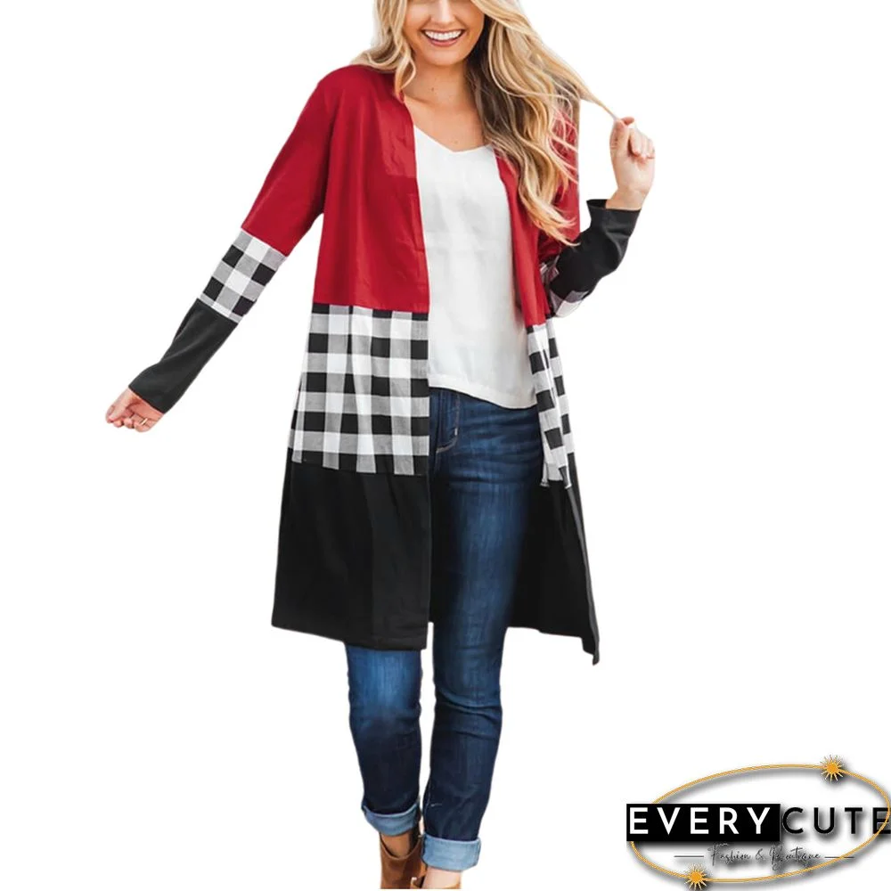 Red Splice Plaid Long Sleeve Coats