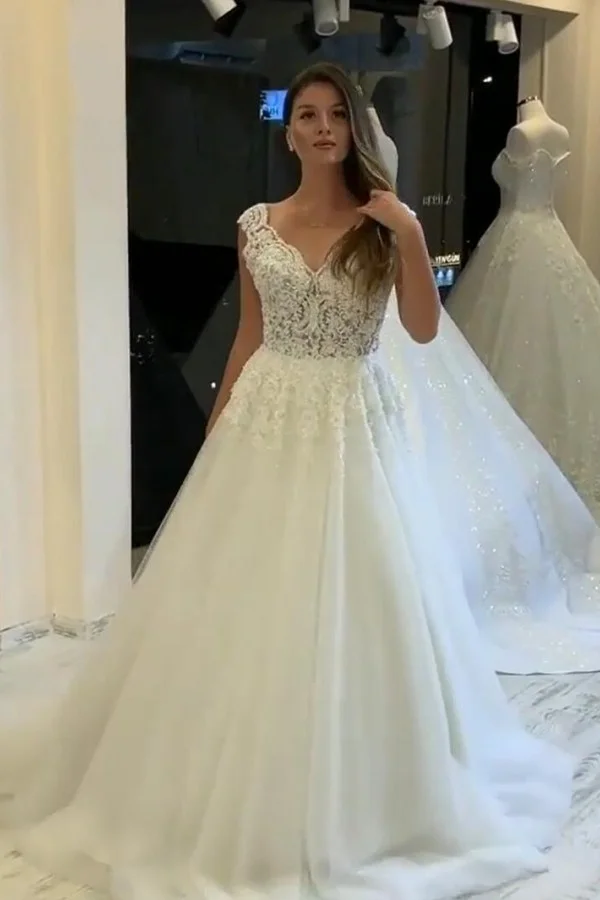 V-neck Wide Straps Pearl Tulle A-Line Wedding Dress With Appliques Lace