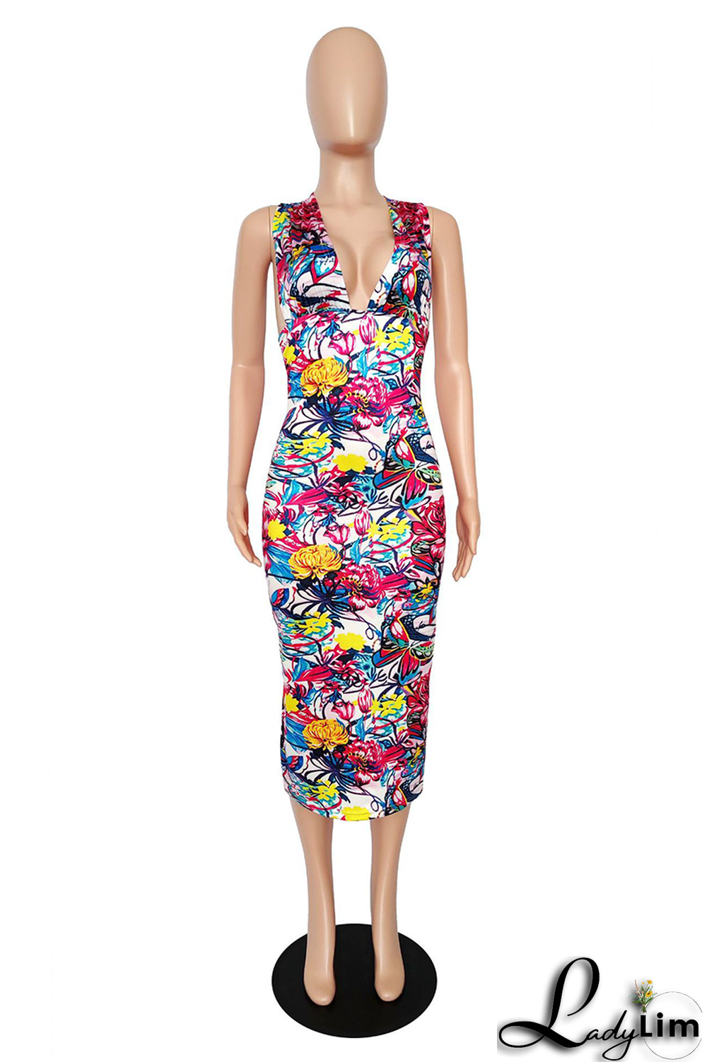 Pink Sexy Print Split Joint Halter Pencil Skirt Dresses