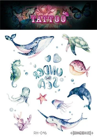 12 Kinds Handpainted Ocean Tattoo Sticker Flower Whale Starfish Turtle Temporary Body Art Disposable Make Up tatouage temporaire