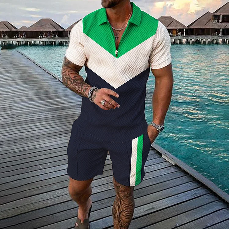 BrosWear Symmetrical Color Contrast Short Sleeve Polo Shirt And Shorts Co-Ord