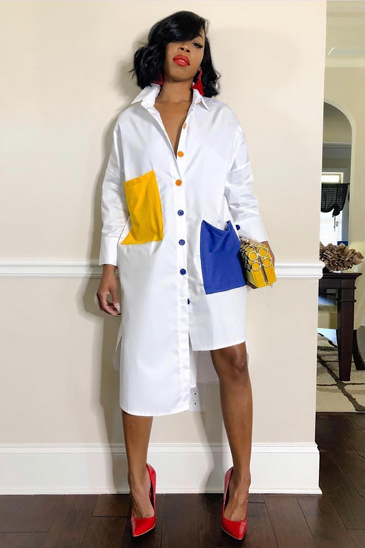 Colorblock Oversize Pockets Button Up Irregular Blouse Midi Dresses-White
