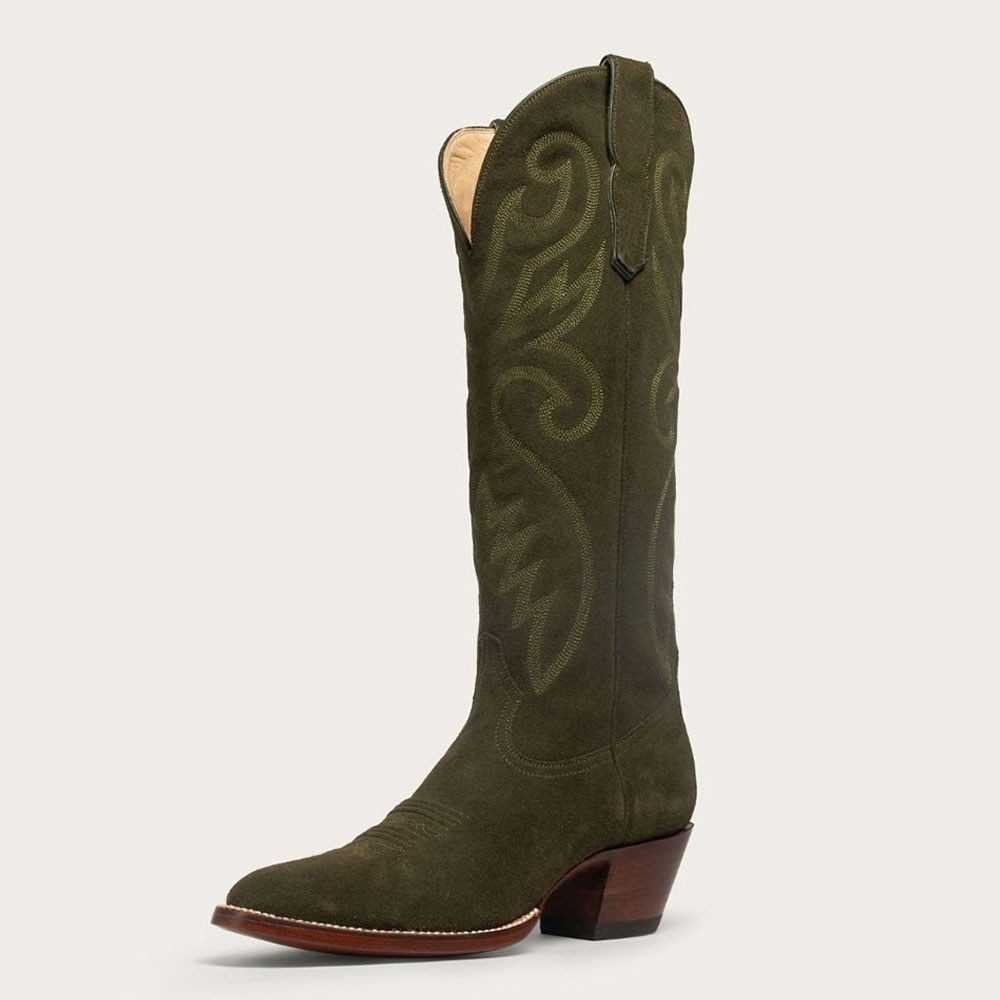 Olive Round Toe Chunky Heel Embroidered Pull-On Cowgirl Boots