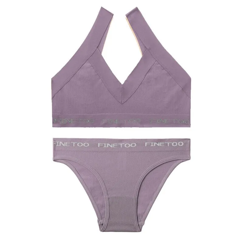 FINETOO Seamless Bra Set Women Deep V Tops Fashion Letter Panties M-XL Ladies Underwear Suit Tube Top Female Briefs Lingerie Set