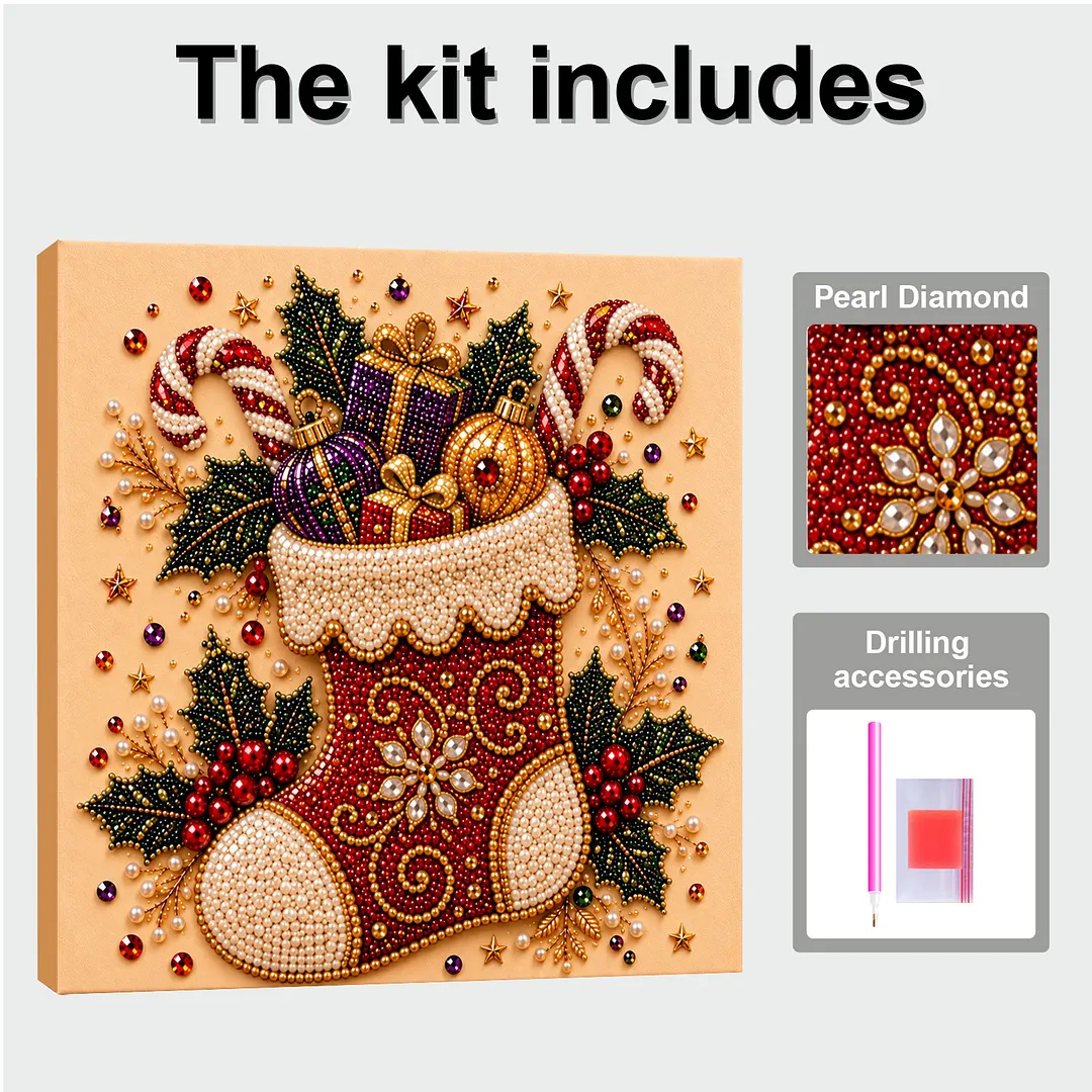 Framed Pearl Painting Kit Christmas Stocking 7.87x7.87in