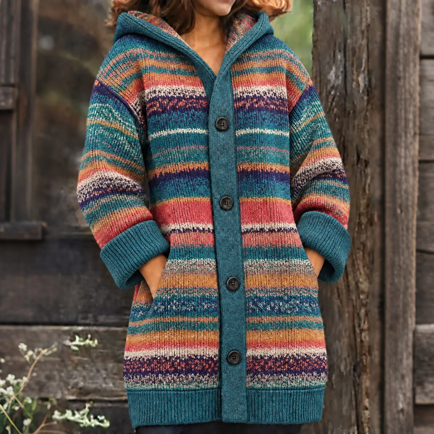 Comstylish Women's Retro Abstract Striped Art Warmth Knit Hooded Cardigan